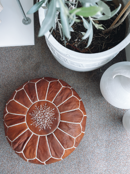 Moroccan Leather Vintage Tan Pouffe - Image 2