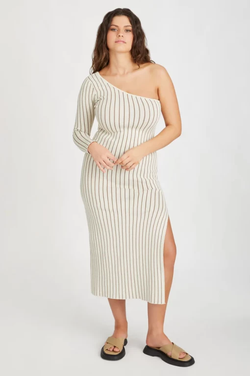 Zulu and Zephyr Cocoa Stripe One Shoulder Knitted Dress - Image 5