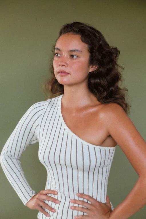 Zulu and Zephyr Cocoa Stripe One Shoulder Knitted Dress - Image 3