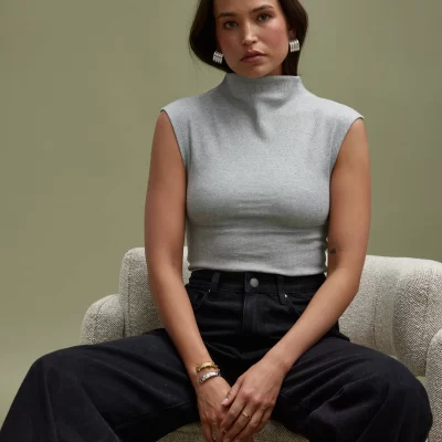 ORTC Liv High Neck Rib Top Grey Marle